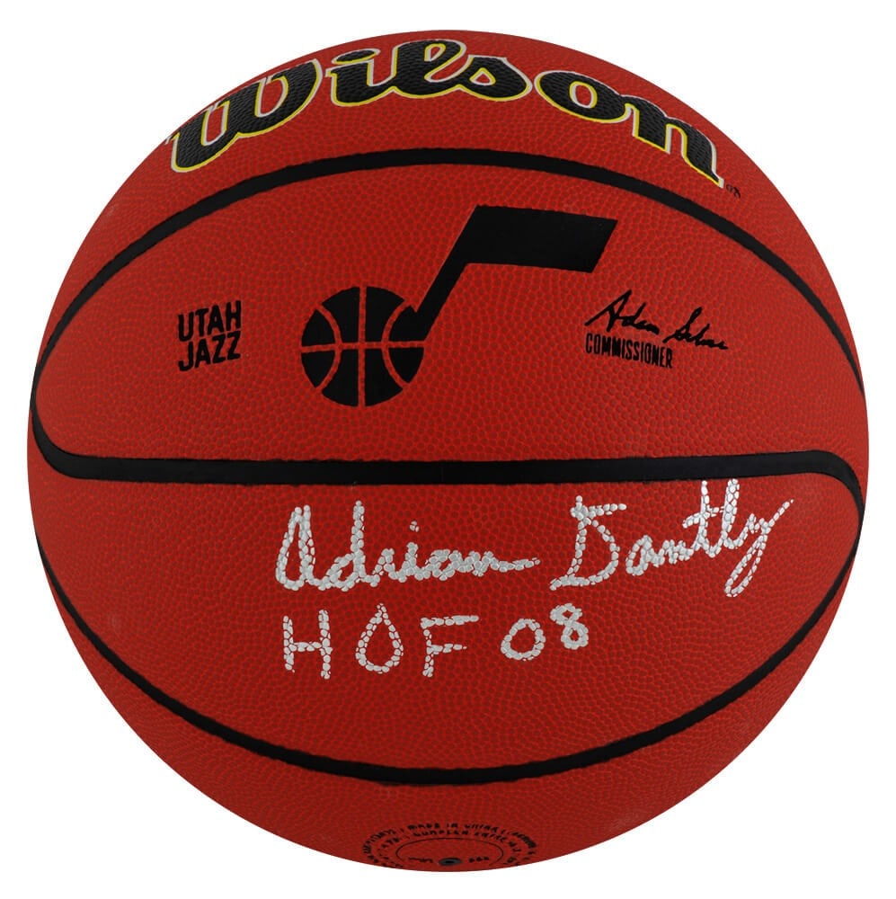 Adrian Dantley Signed Wilson Utah Jazz NBA Basketball HOF 08 with COA: Adrian Dantley Signed Wilson Utah Jazz NBA Basketball HOF 08 with COA This is an authentic Adrian Dantley signed Wilson NBA basketball featuring the Utah Jazz logo and inscribed with 'HOF 08'. Celebra