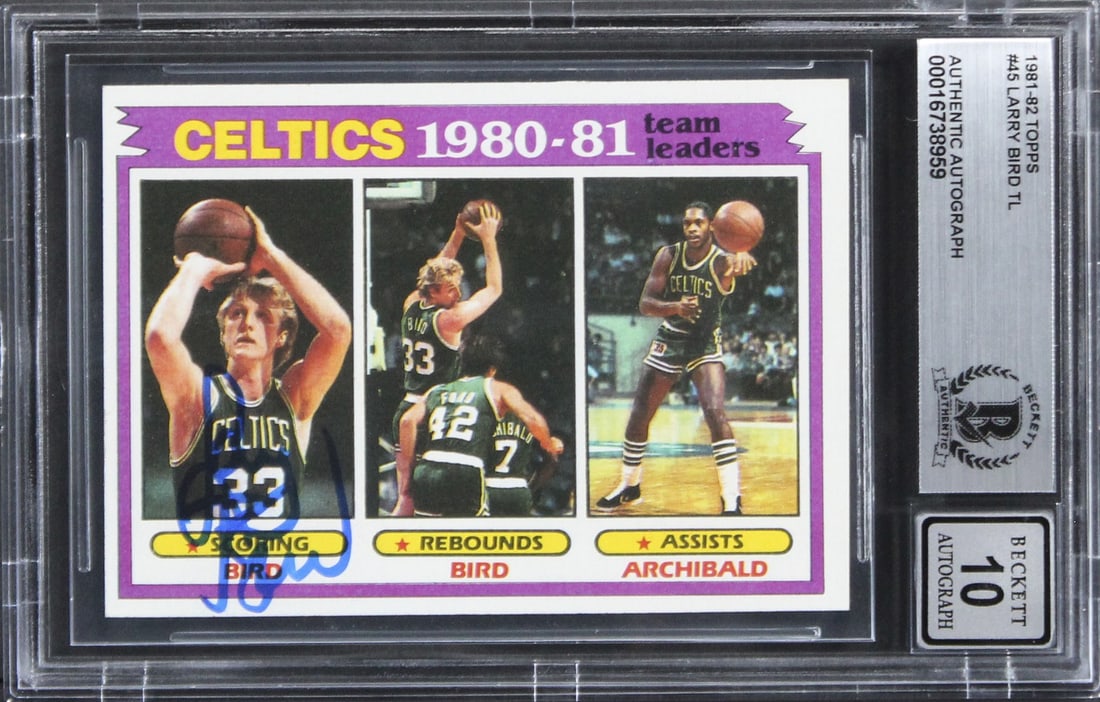 Larry Bird Signed 1981 Topps #45 Card Gem Mint 10 BAS Slabbed Celtics: Larry Bird Signed 1981 Topps #45 Card Gem Mint 10 BAS Slabbed Celtics This authentic 1981 Topps #45 card features a pristine signature from NBA legend Larry Bird, graded Gem Mint 10. As a member of th