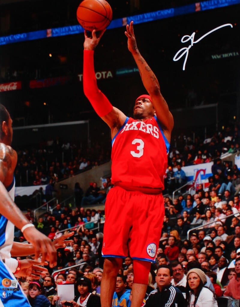 Allen Iverson autographed 16x20 Philadelphia 76ers basketball photo Beckett hologram: Allen Iverson autographed 16x20 Philadelphia 76ers basketball photo Beckett hologram This is an original 16x20 photograph featuring Allen Iverson of the Philadelphia 76ers, captured mid jump shot. The
