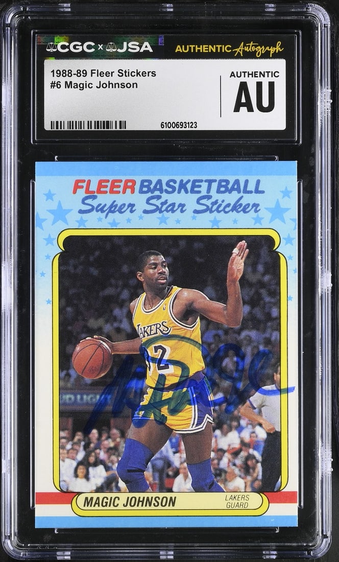 1988-89 Fleer Stickers Magic Johnson Signed Basketball Card #6 CGC JSA Authenticated (1 of 2)