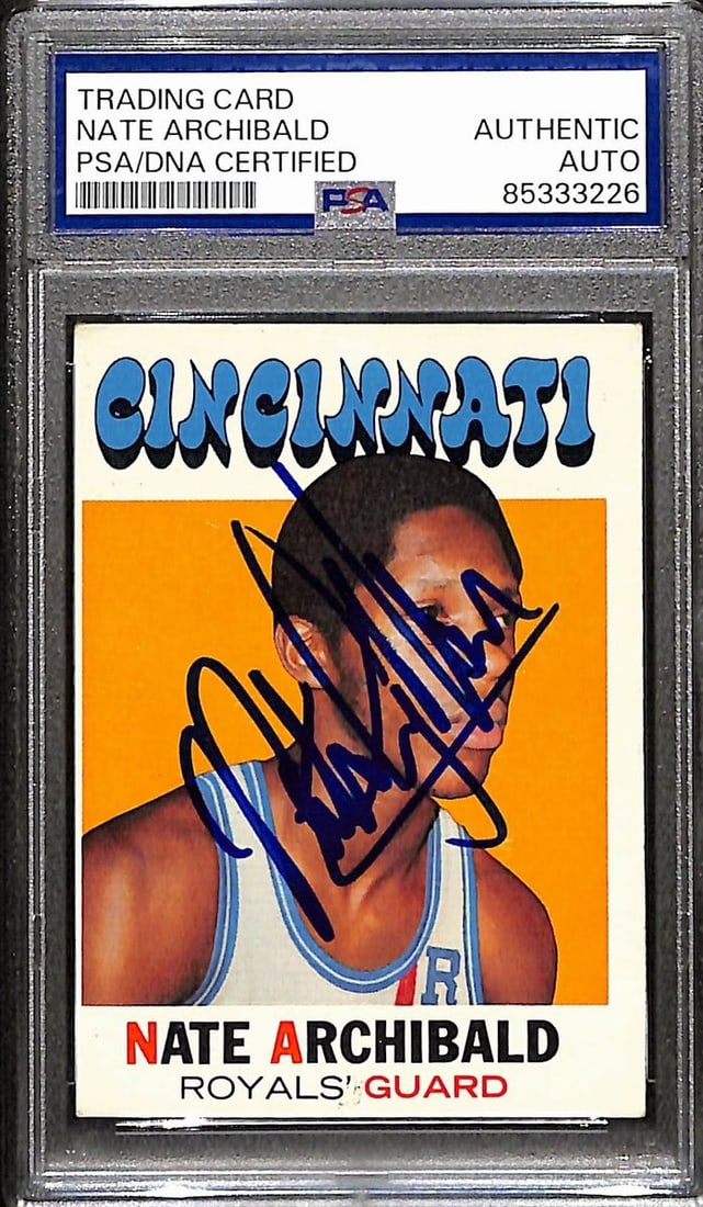 Nate Archibald HOF Signed 1971-72 Topps Rookie Card PSA Authenticated: Nate Archibald HOF Signed 1971-72 Topps Rookie Card PSA Authenticated This offering features a Nate Archibald Hall of Fame signed 1971-72 Topps trading card #29, showcasing his rookie season with the 
