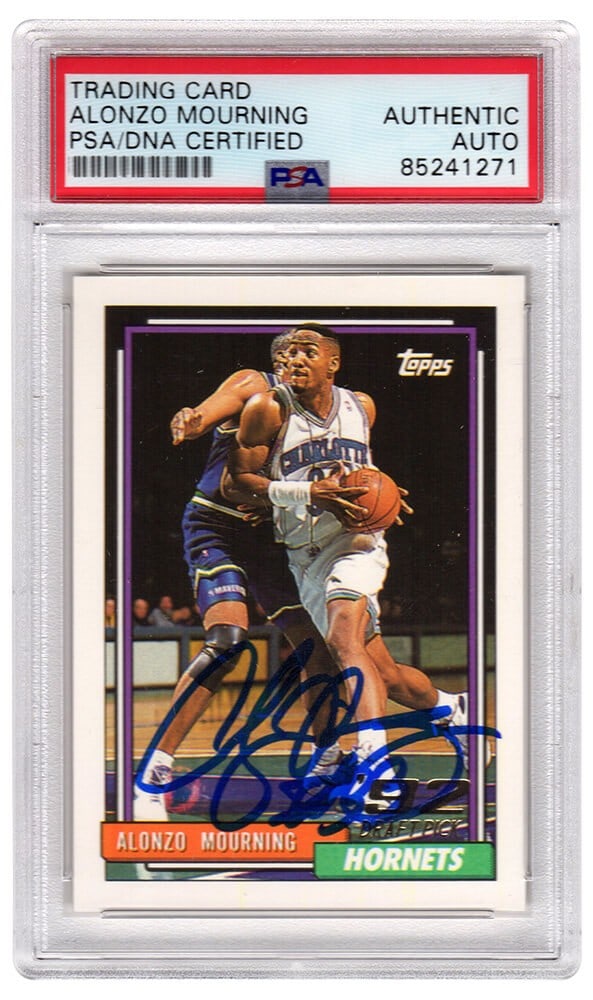 Alonzo Mourning Signed 1992-93 Topps Rookie Card #393 PSA Encapsulated: Alonzo Mourning Signed 1992-93 Topps Rookie Card #393 PSA Encapsulated This is a signed Alonzo Mourning 1992-93 Topps rookie basketball trading card #393. The card features the iconic Charlotte Hornet