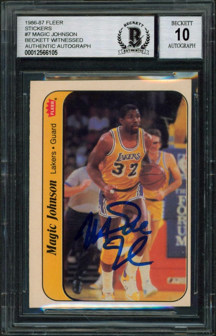 Magic Johnson 1986 Fleer Sticker #7 Signed Card Beckett Gem Mint 10 Auto Slab: Magic Johnson 1986 Fleer Sticker #7 Signed Card Beckett Gem Mint 10 Auto Slab This is an original 1986 Fleer Sticker #7 basketball trading card featuring Magic Johnson of the Los Angeles Lakers. The c