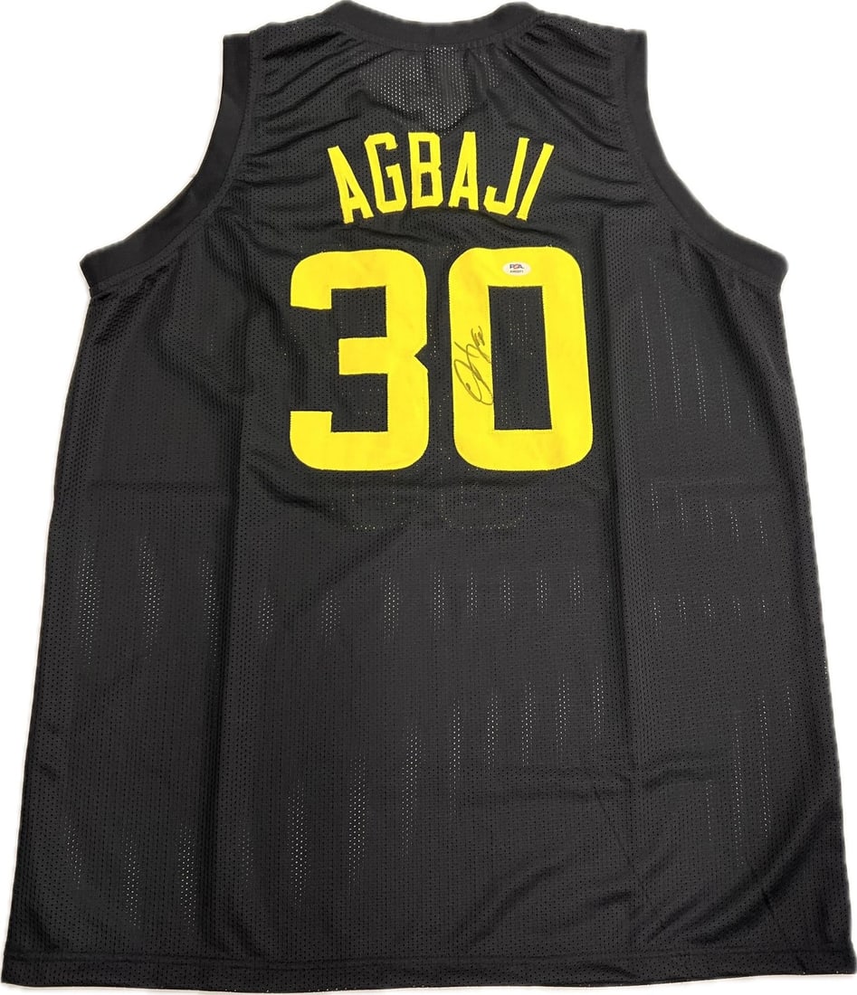 Ochai Agbaji Autographed Jersey PSA/DNA Utah Jazz Collectible: Ochai Agbaji Autographed Jersey PSA/DNA Utah Jazz Collectible This is an original basketball jersey autographed by Ochai Agbaji of the Utah Jazz. The signature has been authenticated by PSA/DNA, ensur
