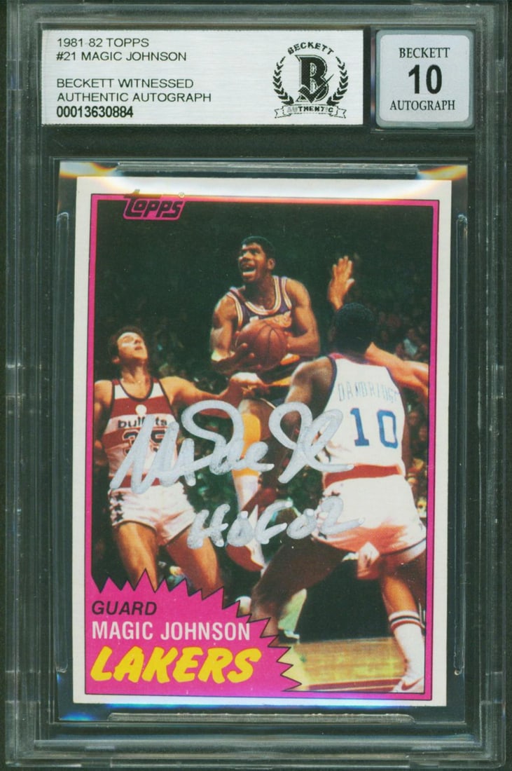 Magic Johnson Signed 1981 Topps #21 Gem Mint 10 HOF 02 Beckett Slab: Magic Johnson Signed 1981 Topps #21 Gem Mint 10 HOF 02 Beckett Slab This 1981 Topps #21 card, featuring Magic Johnson of the Los Angeles Lakers, is an iconic piece for any basketball collector. Graded