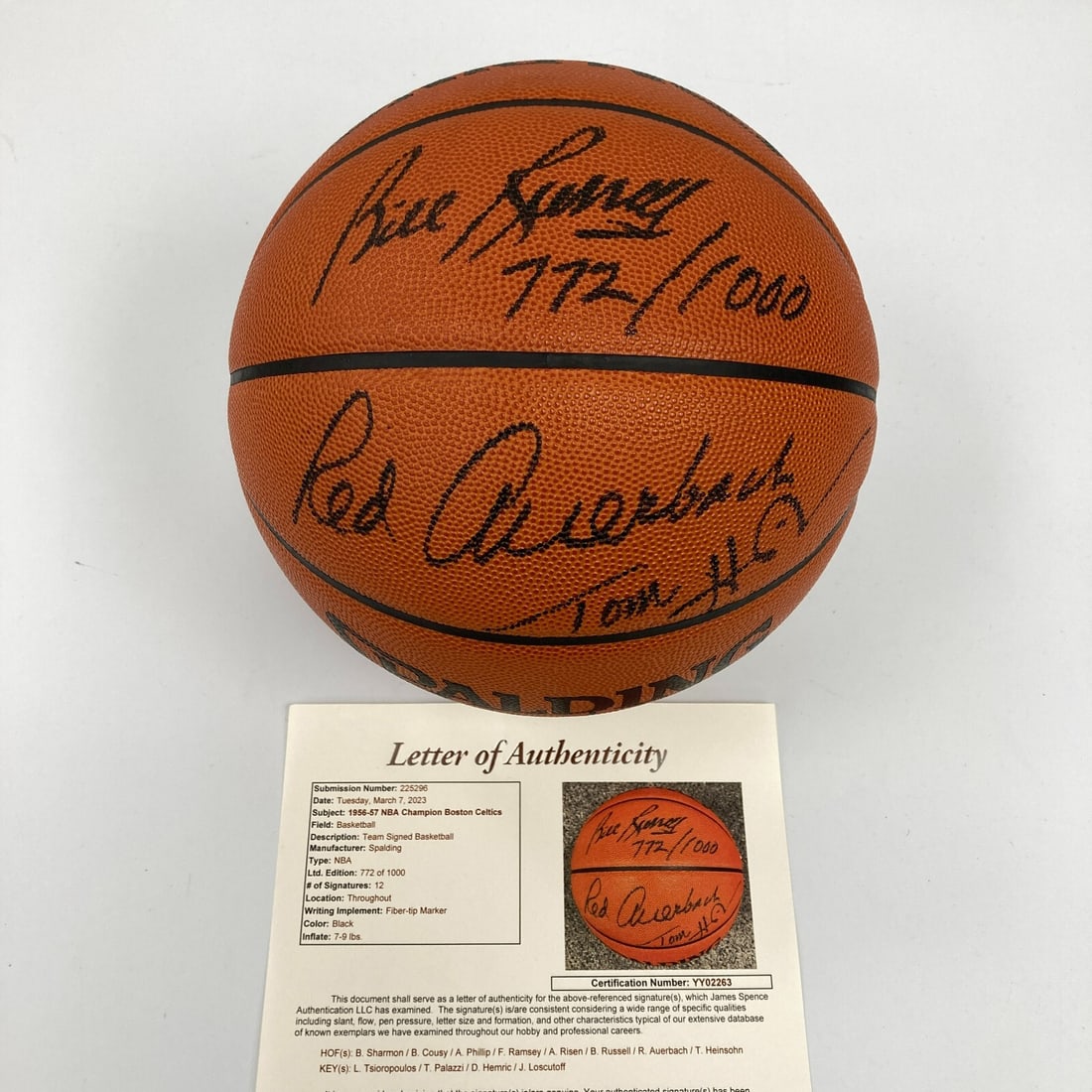 1956-1957 Boston Celtics Signed Basketball with JSA COA: 1956-1957 Boston Celtics Signed Basketball with JSA COA Celebrate basketball history with this authentic Spalding basketball signed by twelve legendary members of the 1956-1957 Boston Celtics, includi