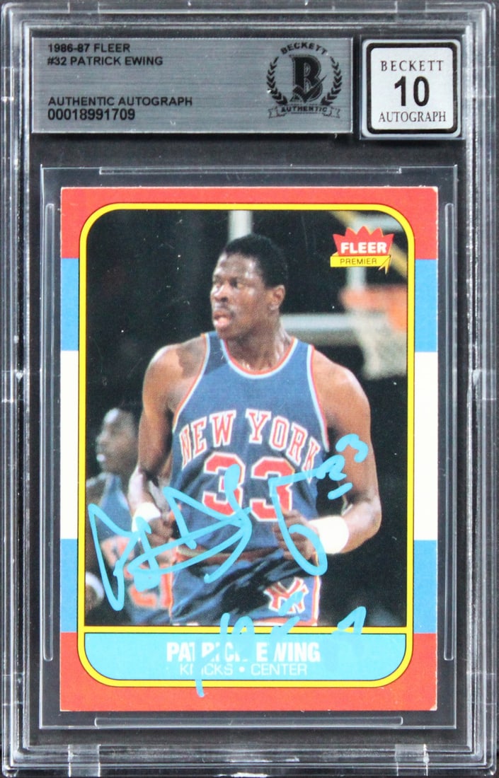 Patrick Ewing Signed 1986 Fleer #32 Card HOF 08 Beckett Authenticated: Patrick Ewing Signed 1986 Fleer #32 Card HOF 08 Beckett Authenticated This 1986 Fleer #32 card features a gem mint 10 grade and is personally signed by basketball legend Patrick Ewing, with the inscri