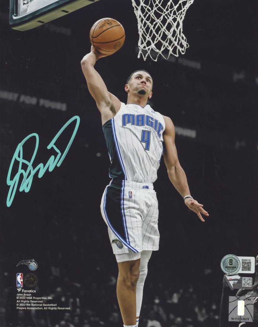 Jalen Suggs Signed 8x10 Photo Orlando Magic Beckett Authenticated: Jalen Suggs Signed 8x10 Photo Orlando Magic Beckett Authenticated This is an original autographed vertical 8x10 photo of Jalen Suggs, a standout player for the Orlando Magic. The photo has been person