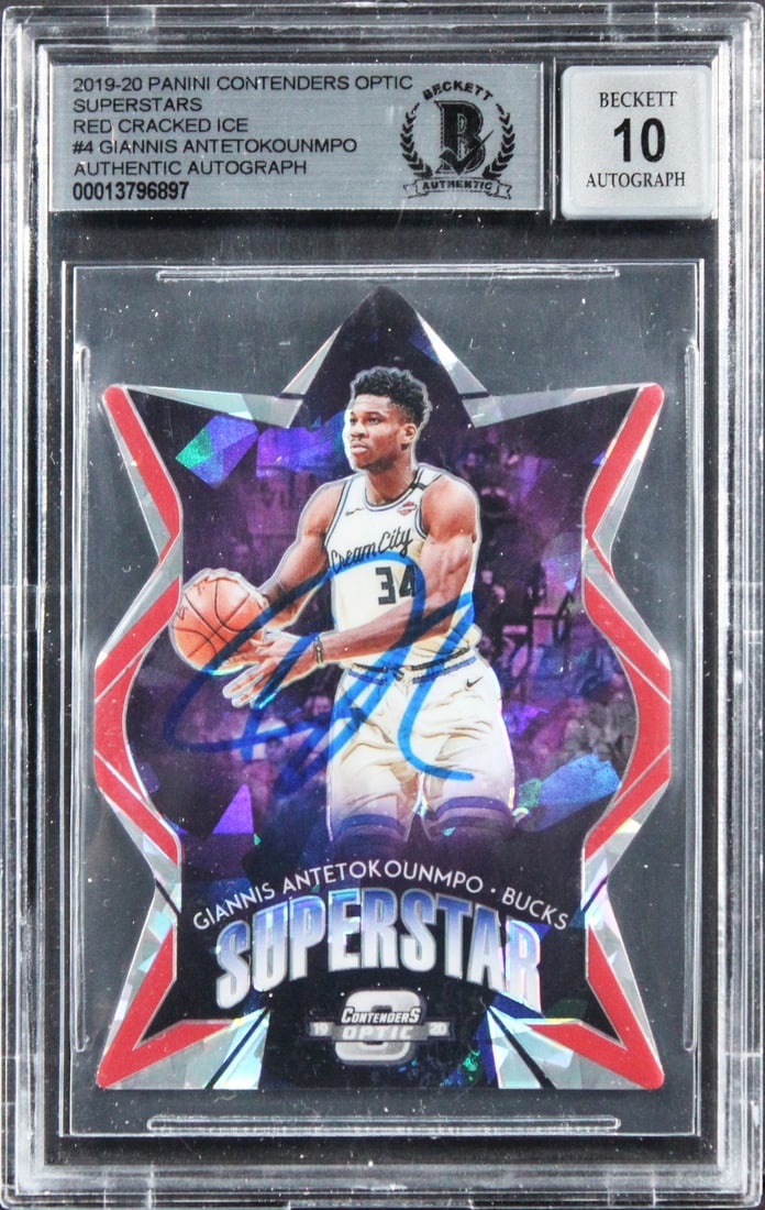 Beckett Slabbed Giannis Antetokounmpo 2019 Panini Contenders Optic Auto 10: Beckett Slabbed Giannis Antetokounmpo 2019 Panini Contenders Optic Auto 10 This is an original 2019 Panini Contenders Optic Superstars Red Cracked Ice #4 basketball card featuring Giannis Antetokounmp