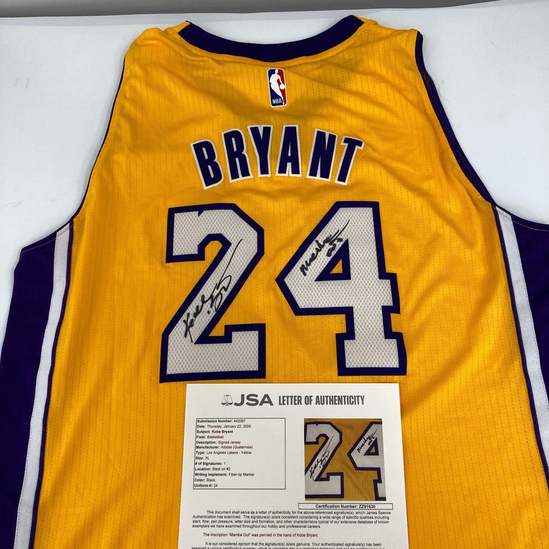 Kobe Bryant Autographed Adidas Lakers Jersey With Mamba Out Inscription JSA LOA: Kobe Bryant Autographed Adidas Lakers Jersey With Mamba Out Inscription JSA LOA This authentic Adidas Los Angeles Lakers home jersey is signed by NBA legend Kobe Bryant. The jersey features Bryant's s