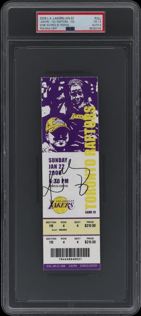 Kobe Bryant Signed Full Ticket 81 Point Game PSA MINT 9: Kobe Bryant Signed Full Ticket 81 Point Game PSA MINT 9 This remarkable full ticket commemorates Kobe Bryant's legendary 81-point game against the Toronto Raptors on January 22, 2006, one of the most 
