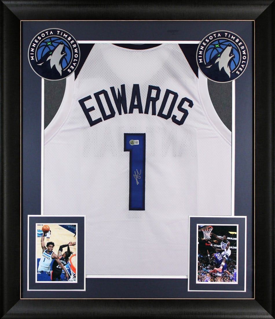 Framed Anthony Edwards Autographed White Jersey Beckett Authenticated Timberwolves (1 of 2)