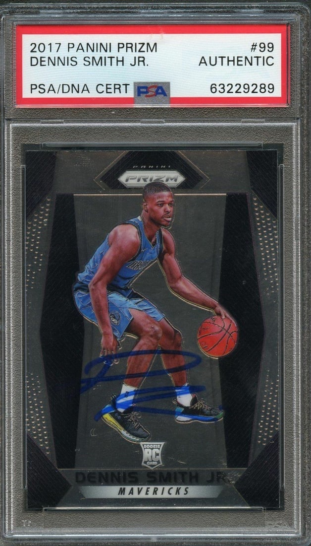 2017 Panini Prizm #99 Dennis Smith Jr. Signed Rookie Card PSA/DNA Mavericks: 2017 Panini Prizm #99 Dennis Smith Jr. Signed Rookie Card PSA/DNA Mavericks This is a 2017 Panini Prizm #99 rookie card featuring the autograph of Dennis Smith Jr., a talented player from the Dallas M