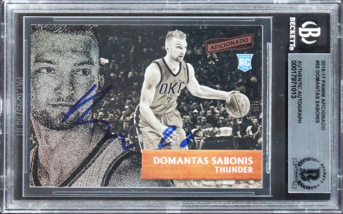 Domantas Sabonis Signed 2016 Panini Aficionado Rookie Card Beckett Authenticated: Domantas Sabonis Signed 2016 Panini Aficionado Rookie Card Beckett Authenticated This autographed 2016 Panini Aficionado #55 Rookie Card has been personally signed by Domantas Sabonis of the Oklahoma 