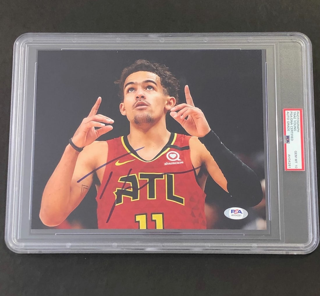 Trae Young Autographed 8x10 Photo PSA Gem Mint Hawks: Trae Young Autographed 8x10 Photo PSA Gem Mint Hawks This is an original 8x10 photograph featuring Trae Young, the talented player from the Atlanta Hawks. The photograph has been expertly signed by Tr