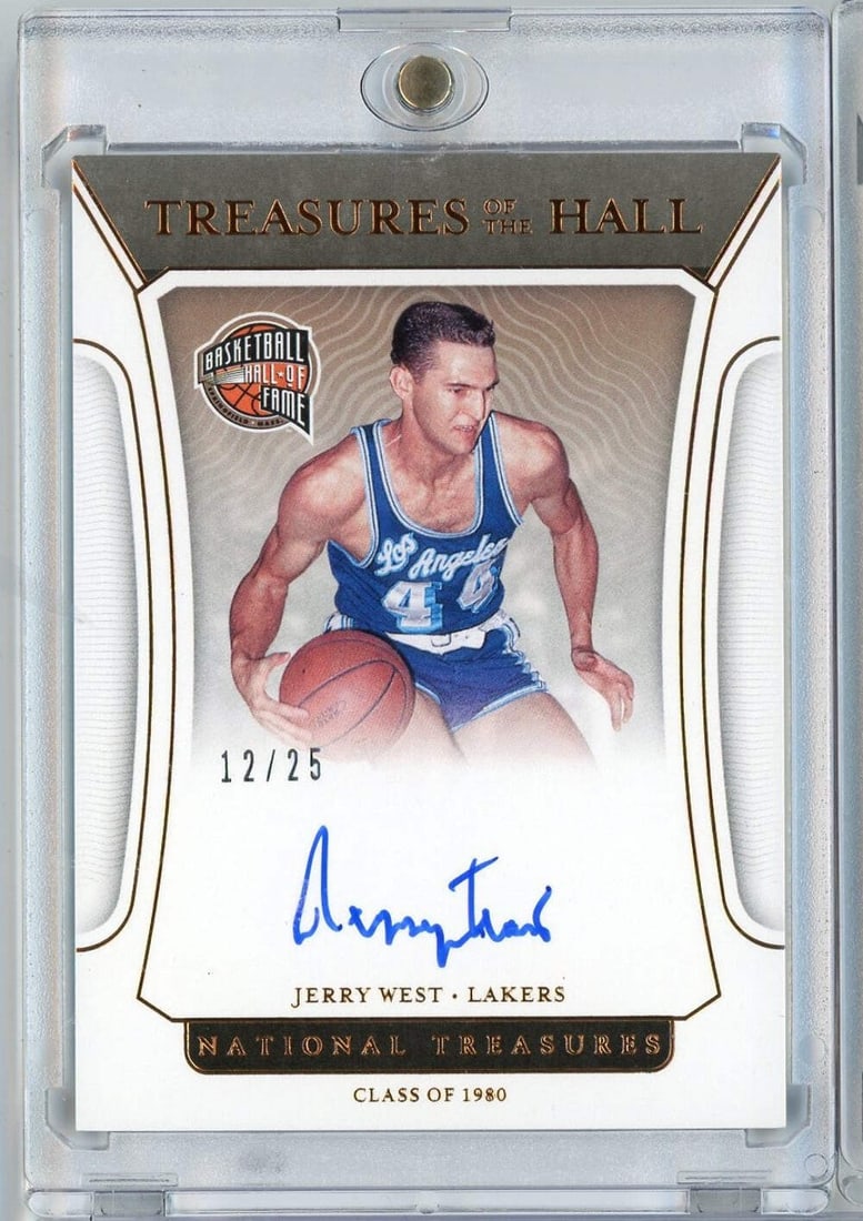 Jerry West 2021 National Treasures Auto Card PSA Graded Limited to 25: Jerry West 2021 National Treasures Auto Card PSA Graded Limited to 25 This is a 2021 Panini National Treasures Jerry West #TOHJWS Auto Card, serial numbered out of 25. The card features an authentic a
