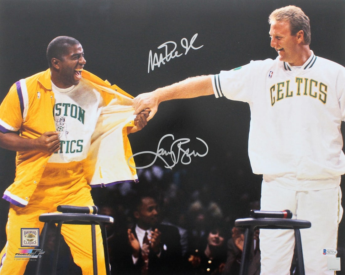 Magic Johnson Larry Bird Signed 16x20 Retirement Photo BAS Witnessed (1 of 2)