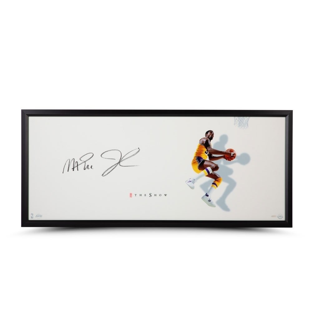 Magic Johnson Signed 20x46 Framed Lakers Photo Upper Deck Authentic: Magic Johnson Signed 20x46 Framed Lakers Photo Upper Deck Authentic Celebrate the legacy of Magic Johnson with this stunning 20" x 46" framed photo titled "Innovator" featuring the iconic Los Angeles 