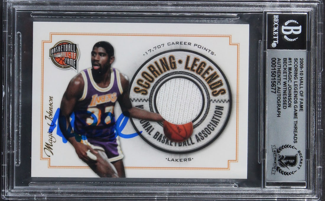 Magic Johnson Autographed 2009 HOF Scoring Legends Card #28/249 Gem Mint 10 Beckett: Magic Johnson Autographed 2009 HOF Scoring Legends Card #28/249 Gem Mint 10 Beckett This is a 2009 Hall of Fame Scoring Legends Game Threads card featuring the iconic Magic Johnson, numbered #28/249. 