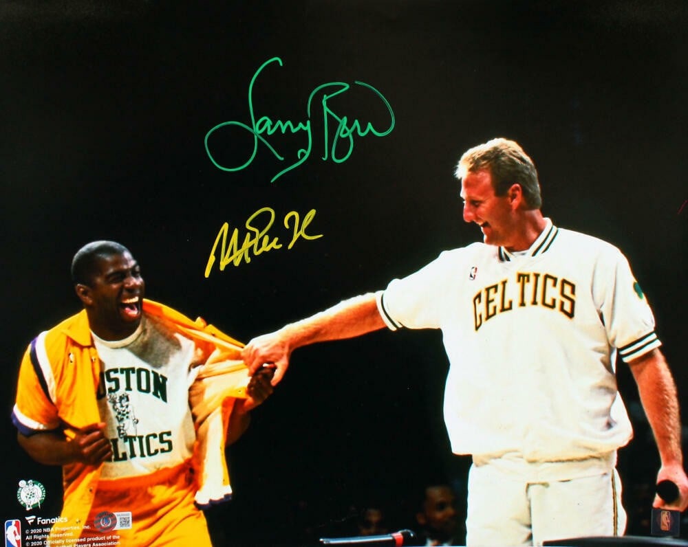 Autographed Larry Bird Magic Johnson 16x20 Warm Up Photo Beckett Hologram (1 of 10)