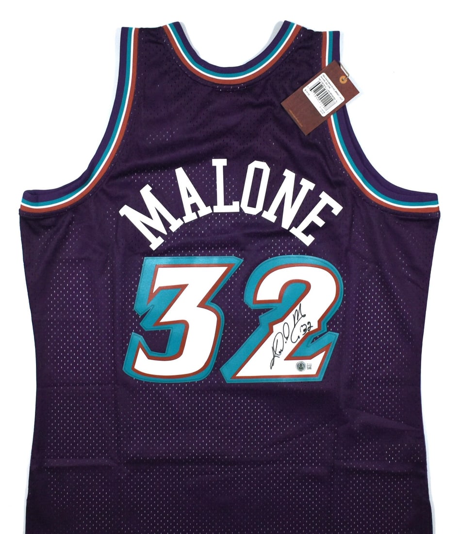Karl Malone Utah Jazz signed Mitchell Ness purple jersey Beckett hologram: Karl Malone Utah Jazz signed Mitchell Ness purple jersey Beckett hologram This Utah Jazz Mitchell & Ness purple jersey features the signature of Karl Malone. The jersey is an original item and comes f