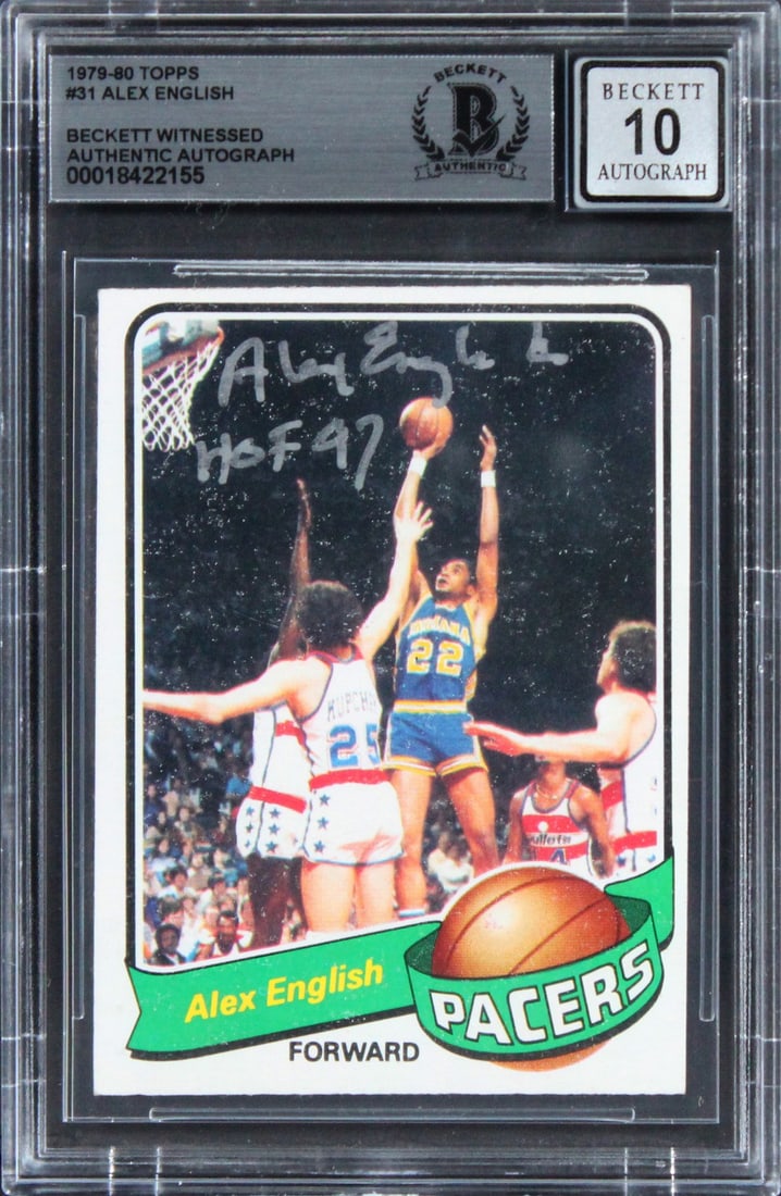 Alex English Signed 1979 Topps #31 HOF 97 Card BAS Gem Mint 10: Alex English Signed 1979 Topps #31 HOF 97 Card BAS Gem Mint 10 This autographed 1979 Topps #31 card features Alex English, a renowned player for the Indiana Pacers, and is inscribed "HOF 97". Graded G