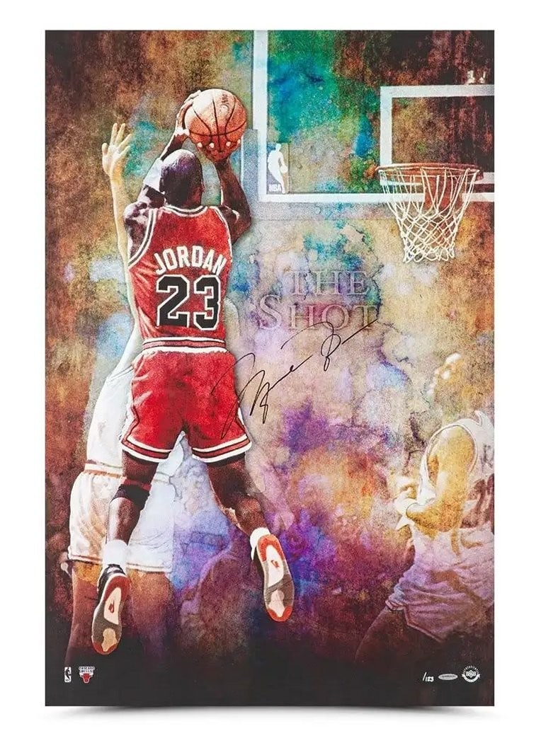 Michael Jordan Autographed 24x36 Photo The Shot Limited Edition #123: Michael Jordan Autographed 24x36 Photo The Shot Limited Edition #123 Commemorate one of the most iconic moments in basketball history with this Michael Jordan Autographed 24X36 Photo titled "The Shot.
