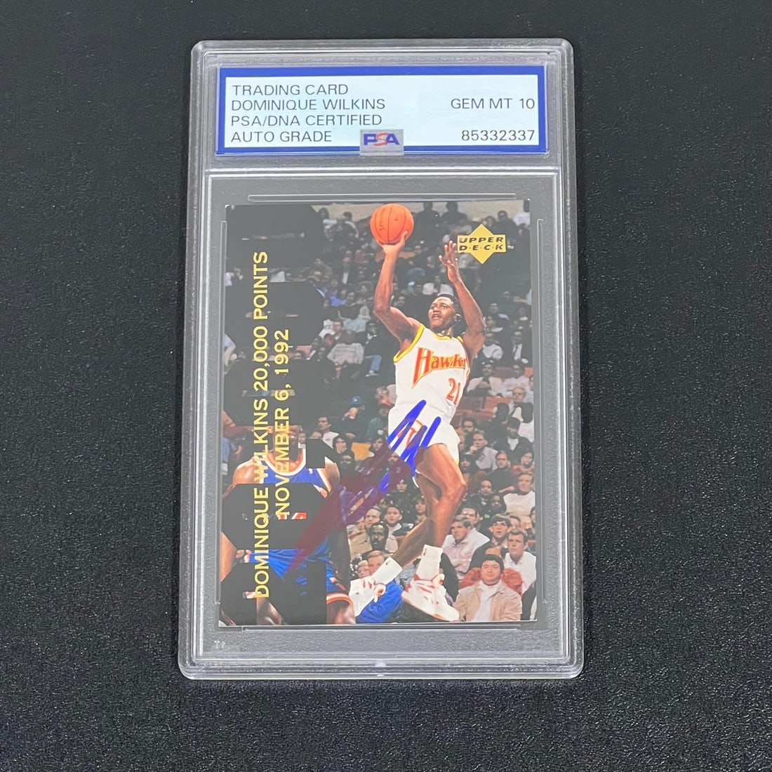 1993 Upper Deck Dominique Wilkins Signed Card Gem Mint 10 PSA Authenticated: 1993 Upper Deck Dominique Wilkins Signed Card Gem Mint 10 PSA Authenticated This 1993 Upper Deck #SP2 card features the iconic Dominique Wilkins, a legendary player known for his incredible athleticis