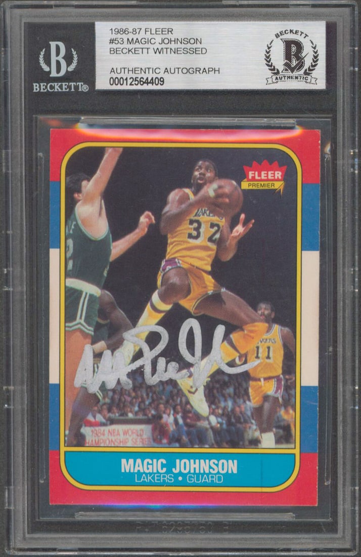 Magic Johnson Signed 1986 Fleer #53 Card Los Angeles Lakers Beckett Authenticated: Magic Johnson Signed 1986 Fleer #53 Card Los Angeles Lakers Beckett Authenticated This 1986 Fleer #53 basketball card features a remarkable autograph from Magic Johnson, a legendary player of the Los 