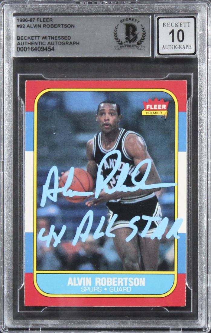 Alvin Robertson Signed 1986 Fleer #92 Card 4x All-Star BAS Gem Mint 10: Alvin Robertson Signed 1986 Fleer #92 Card 4x All-Star BAS Gem Mint 10 This 1986 Fleer #92 card features Alvin Robertson, a notable player for the San Antonio Spurs, and is graded Gem Mint 10! The car