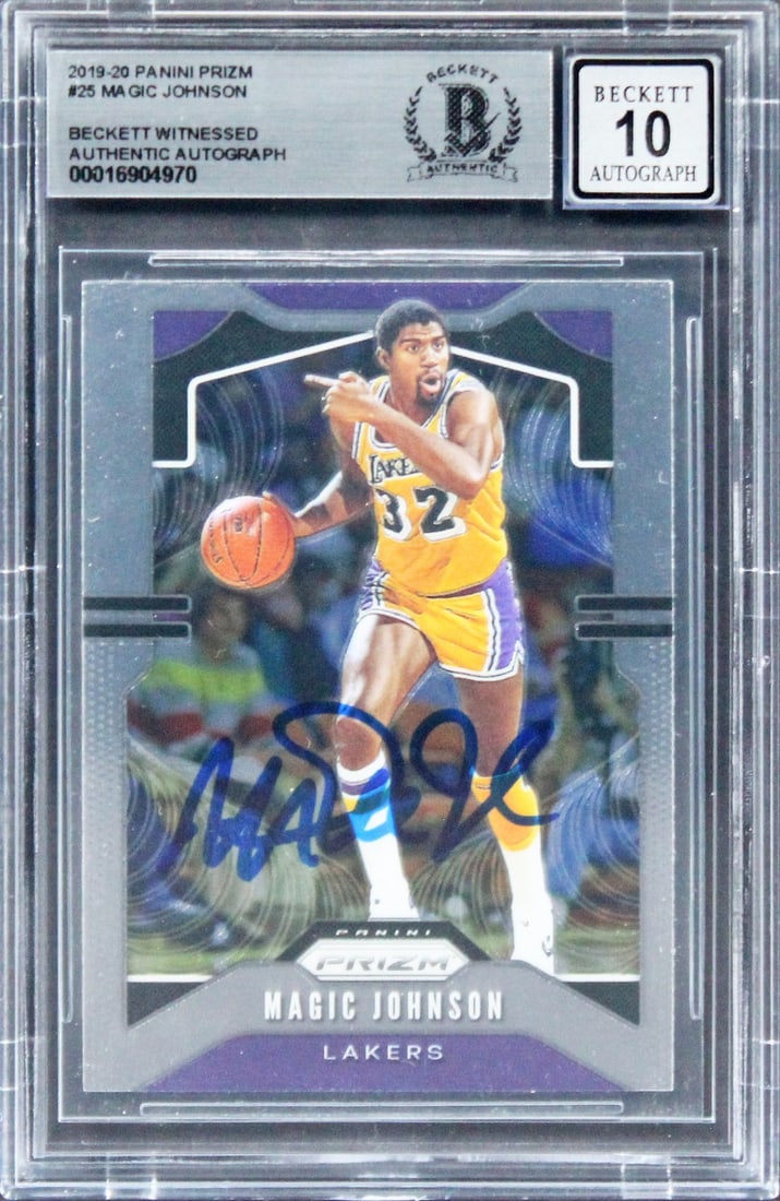 Magic Johnson Signed 2019 Panini Prizm #25 Card Gem Mint 10 Beckett Slabbed: Magic Johnson Signed 2019 Panini Prizm #25 Card Gem Mint 10 Beckett Slabbed This rare autographed 2019 Panini Prizm #25 card features the legendary Magic Johnson of the Los Angeles Lakers. Graded a Ge