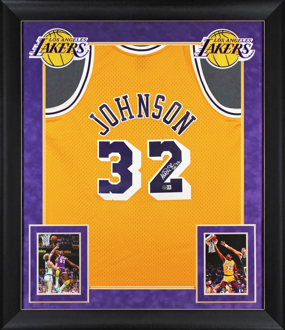 Magic Johnson Signed Lakers Framed Jersey 1984-85 BAS Authenticated #32: Magic Johnson Signed Lakers Framed Jersey 1984-85 BAS Authenticated #32 This original autographed jersey features Magic Johnson, the legendary player of the Los Angeles Lakers, showcasing his iconic #
