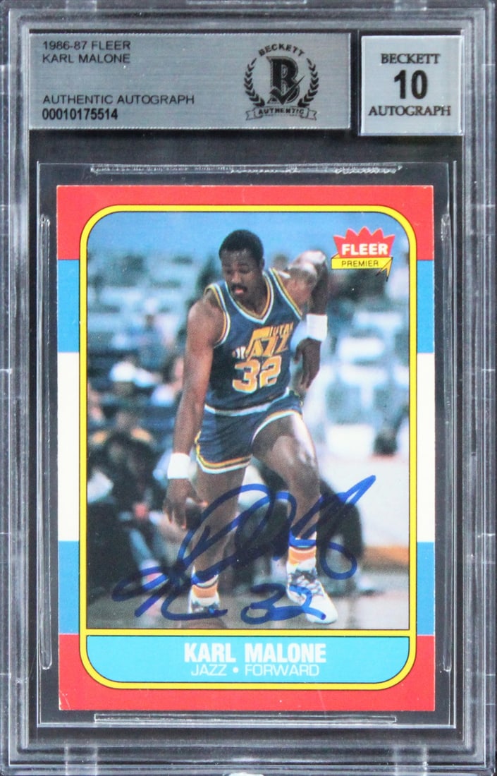Karl Malone Signed 1986 Fleer #68 Rookie Card Gem Mint 10 Beckett: Karl Malone Signed 1986 Fleer #68 Rookie Card Gem Mint 10 Beckett This 1986 Fleer #68 Rookie Card, personally signed by Karl Malone, is a must-have for any basketball fan. Graded Gem Mint 10 by Becket