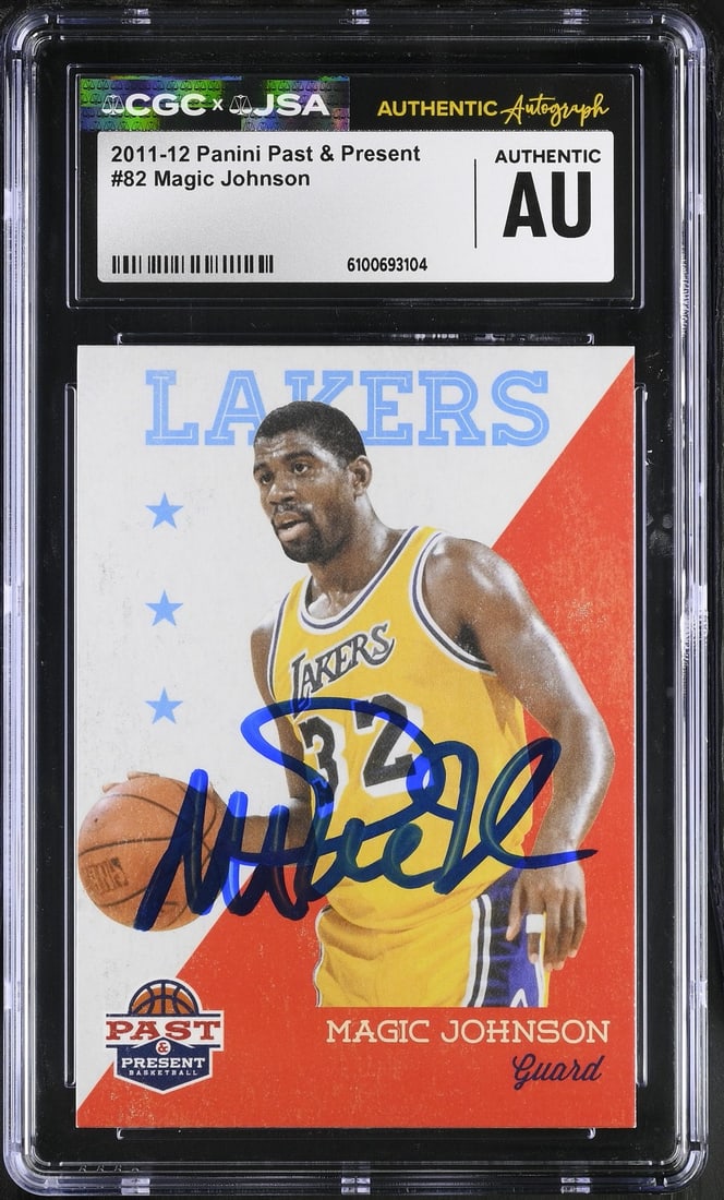 2011-12 Panini Basketball Card Signed by Magic Johnson CGC JSA Authenticated: 2011-12 Panini Basketball Card Signed by Magic Johnson CGC JSA Authenticated This is an original Magic Johnson 2011-12 Panini basketball card, number 82, featuring a genuine autograph. The card has be