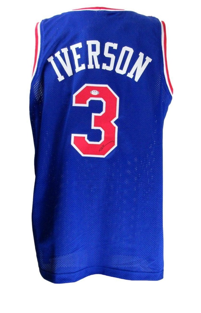Autographed Philadelphia 76ers Blue Jersey Allen Iverson PSA DNA Authenticated: Autographed Philadelphia 76ers Blue Jersey Allen Iverson PSA DNA Authenticated This offering features a signed Allen Iverson Philadelphia 76ers Custom Blue Basketball Jersey. The jersey comes with PSA