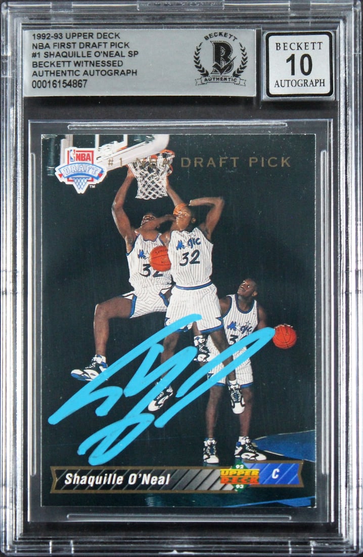 Shaquille O'Neal Signed 1992 Upper Deck Rookie Card Gem Mint 10 Beckett Authenticated: Shaquille O'Neal Signed 1992 Upper Deck Rookie Card Gem Mint 10 Beckett Authenticated Celebrate the legacy of basketball with this stunning autographed Shaquille O'Neal 1992 Upper Deck #1 Rookie Card,