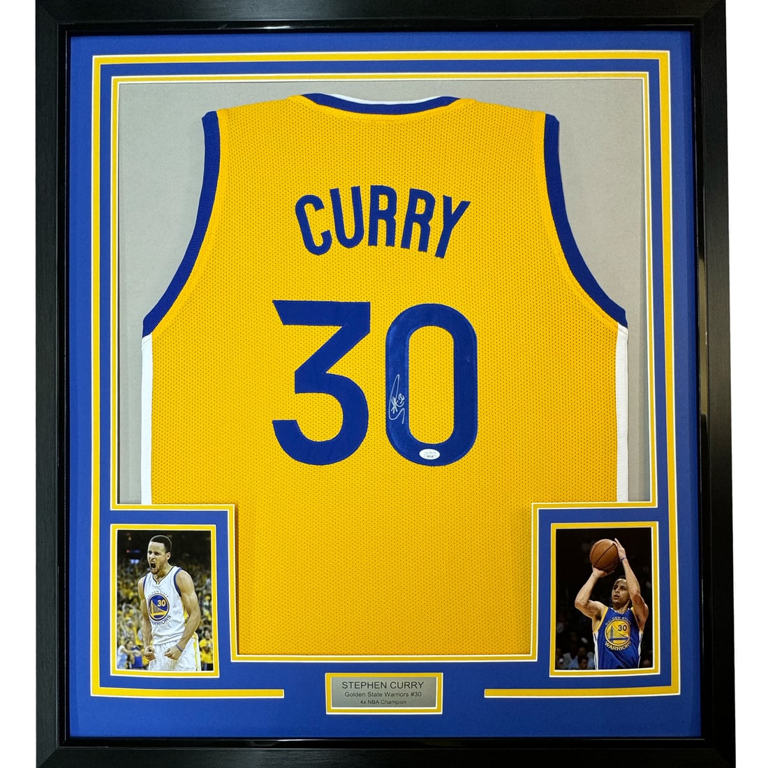 Framed Signed Stephen Curry Yellow Jersey with JSA COA 35x39: Framed Signed Stephen Curry Yellow Jersey with JSA COA 35x39 Celebrate your love for basketball with this professionally framed autographed Stephen Curry yellow jersey. Measuring 35 inches by 39 inche