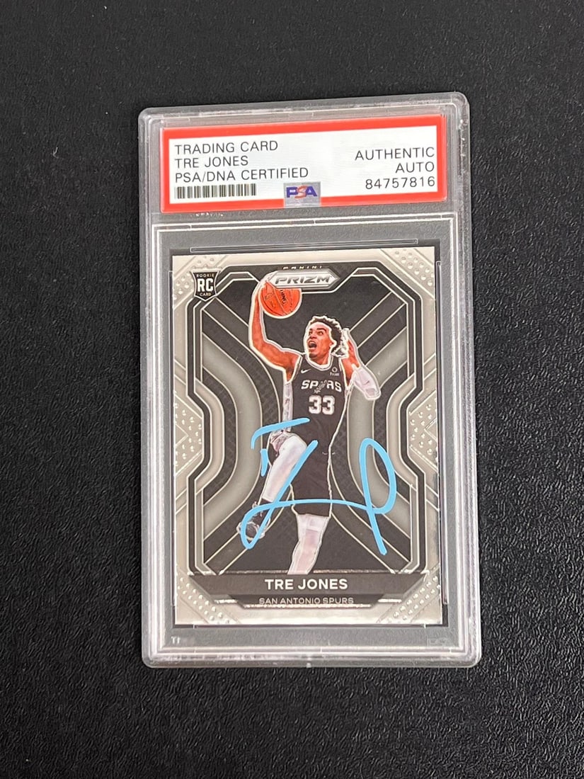 2021 Panini Prizm #291 Tre Jones Signed Rookie Card PSA/DNA Spurs: 2021 Panini Prizm #291 Tre Jones Signed Rookie Card PSA/DNA Spurs This is a 2021 Panini Prizm #291 rookie card featuring the autograph of Tre Jones from the San Antonio Spurs. The signature has been a