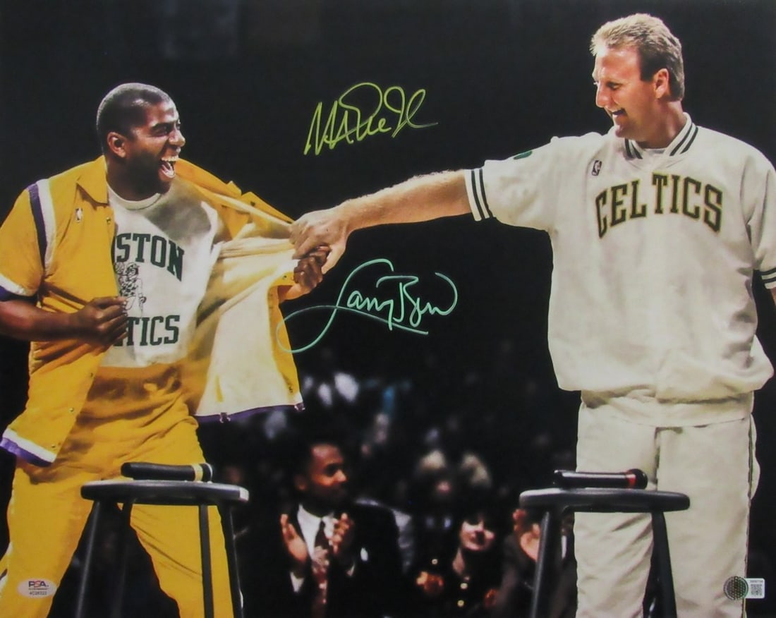 Larry Bird Magic Johnson Dual Autographed 16x20 Photo PSA BAS: Larry Bird Magic Johnson Dual Autographed 16x20 Photo PSA BAS This is an original dual-signed 16x20 photo featuring basketball legends Larry Bird and Magic Johnson. The photo is authenticated by PSA/D