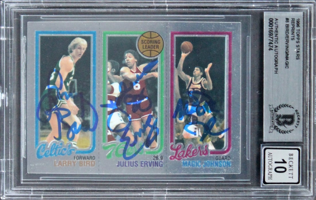 1996 Topps Stars Reprints #8 Basketball Card Signed by Bird Erving Magic BAS Slab: 1996 Topps Stars Reprints #8 Basketball Card Signed by Bird Erving Magic BAS Slab This 1996 Topps Stars Reprints #8 basketball card has been personally signed by Magic Johnson, Larry Bird, and Julius 