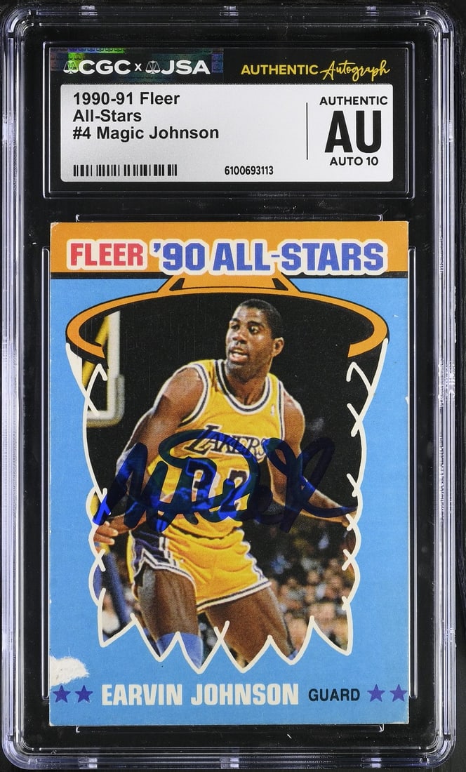 1990-91 Fleer All-Stars Magic Johnson Autographed Basketball Card CGC JSA 10: 1990-91 Fleer All-Stars Magic Johnson Autographed Basketball Card CGC JSA 10 This is an original Magic Johnson 1990-91 Fleer All-Stars basketball card #4, featuring Magic Johnson's autograph. The card