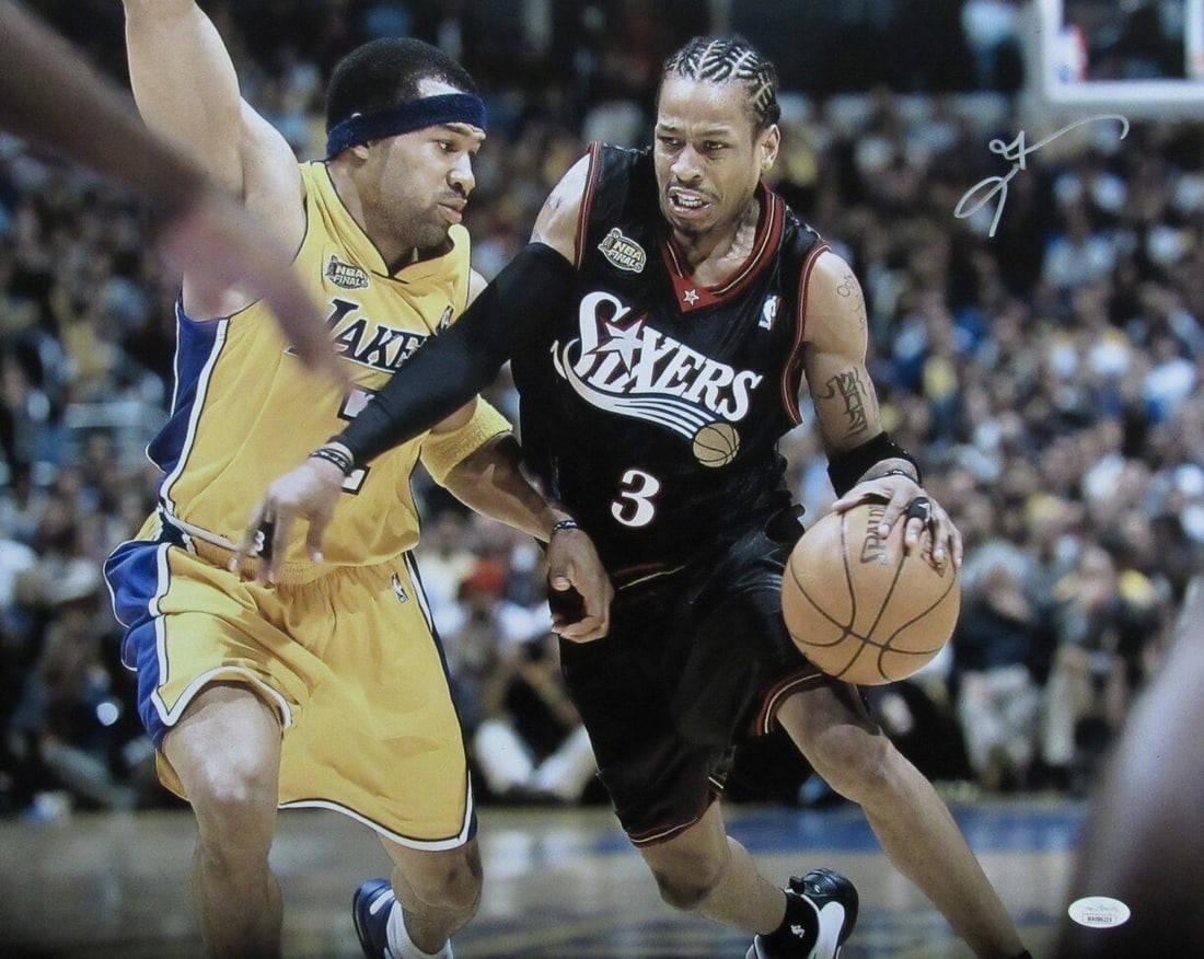 Allen Iverson Autographed 16x20 Philadelphia 76ers Photo JSA Certified: Allen Iverson Autographed 16x20 Philadelphia 76ers Photo JSA Certified Celebrate the legacy of Allen Iverson with this Hall of Fame autographed 16x20 photo featuring the Philadelphia 76ers. This stunn