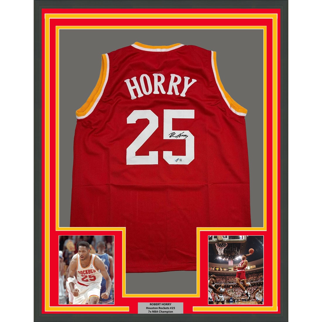 Robert Horry Signed Houston Red Jersey in 35x39 Frame Beckett COA: Robert Horry Signed Houston Red Jersey in 35x39 Frame Beckett COA This pre-owned framed display features a Houston Rockets red jersey autographed by Robert Horry. The jersey is professionally framed a