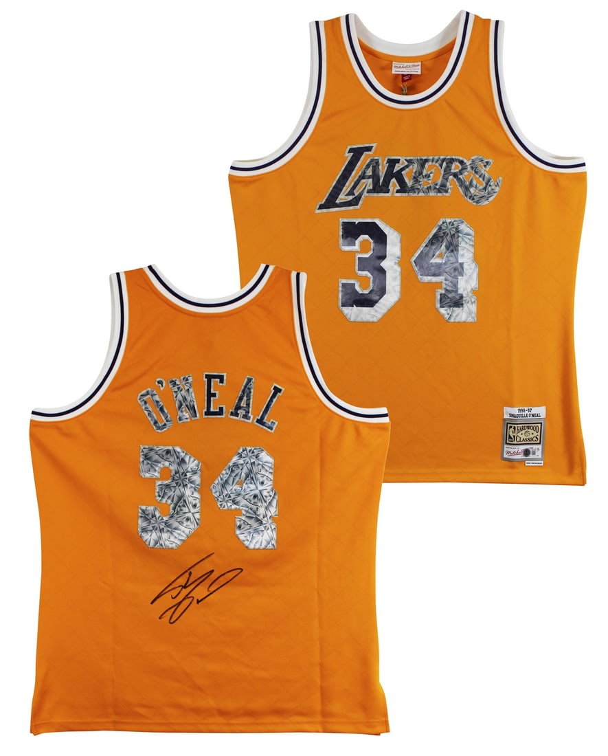 Shaquille O'Neal Lakers 75th Anniversary Swingman Jersey Beckett Signed: Shaquille O'Neal Lakers 75th Anniversary Swingman Jersey Beckett Signed This Los Angeles Lakers yellow 75th Anniversary Mitchell & Ness 1996 Throwback Hardwood Classics Swingman Jersey is personally s