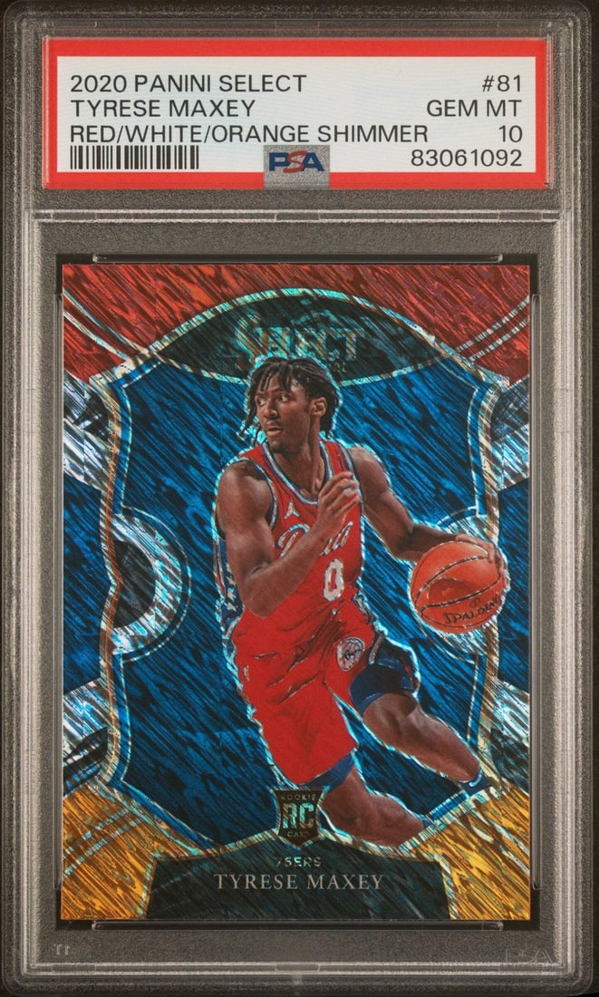 2020 Select Tyrese Maxey #81 Red/White/Orange PSA 10 Basketball Card: 2020 Select Tyrese Maxey #81 Red/White/Orange PSA 10 Basketball Card This is a graded 2020 Select Tyrese Maxey #81 Red/White/Orange Shim Basketball Card, graded at a perfect PSA 10. The card is encaps