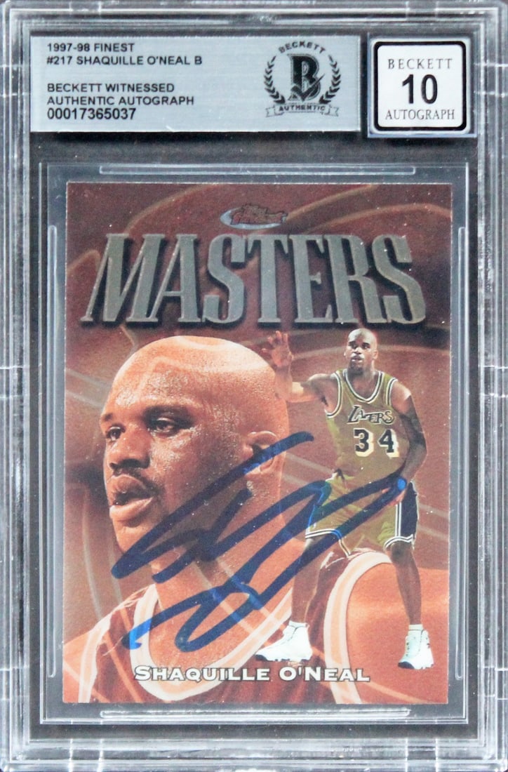 1997 Finest Shaquille O'Neal Signed Card GM 10 Beckett Authenticated Lakers: 1997 Finest Shaquille O'Neal Signed Card GM 10 Beckett Authenticated Lakers This 1997 Finest #217 basketball card features the iconic Shaquille O'Neal, personally signed by the NBA legend himself. Gra