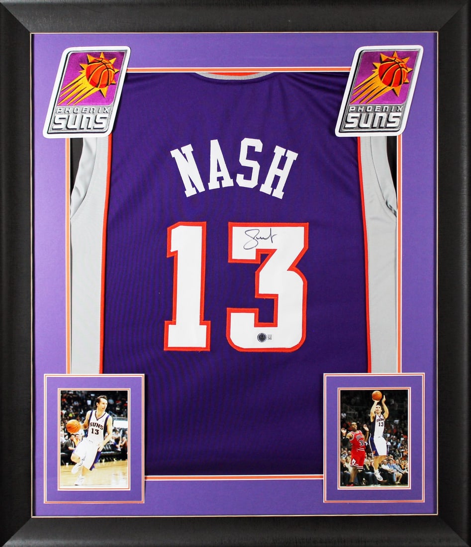 Steve Nash Signed Purple Pro Style Jersey Framed BAS Witnessed: Steve Nash Signed Purple Pro Style Jersey Framed BAS Witnessed Celebrate the legacy of Steve Nash with this authentic signed purple pro style framed jersey. This remarkable piece features an original 