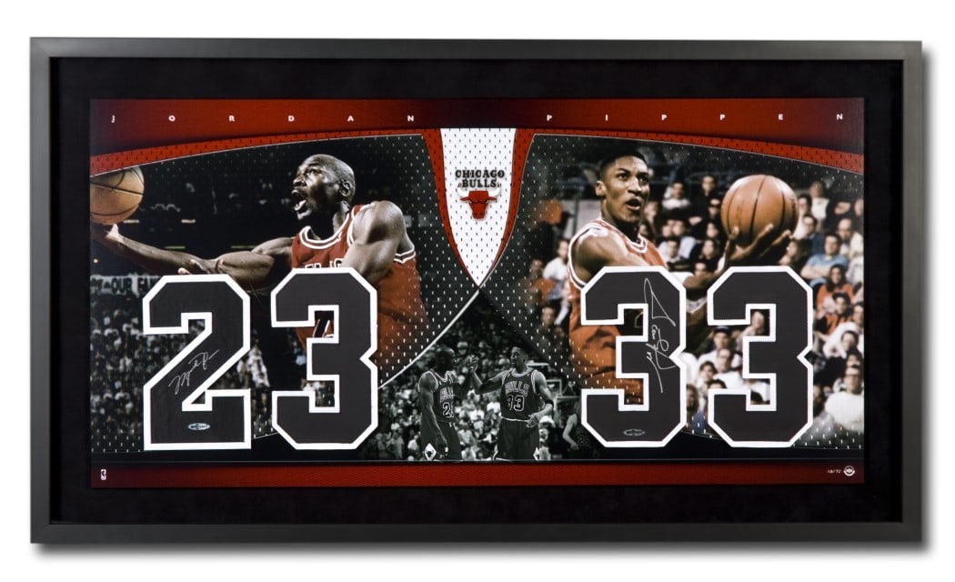 Michael Jordan Scottie Pippen Autographed Framed Jersey Photo #/72 Upper Deck: Michael Jordan Scottie Pippen Autographed Framed Jersey Photo #/72 Upper Deck This impressive piece features a Michael Jordan and Scottie Pippen signed 40" x 22" framed jersey, showcasing the legendar