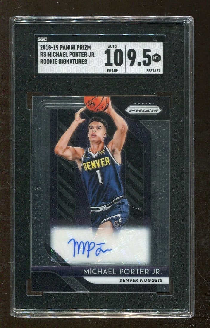 2018-19 Panini Prizm Silver Michael Porter Jr. Rookie Auto SGC 9.5: 2018-19 Panini Prizm Silver Michael Porter Jr. Rookie Auto SGC 9.5 This 2018-19 Panini Prizm Signatures Silver card features Michael Porter Jr., a standout player for the Nuggets. The card is graded 9