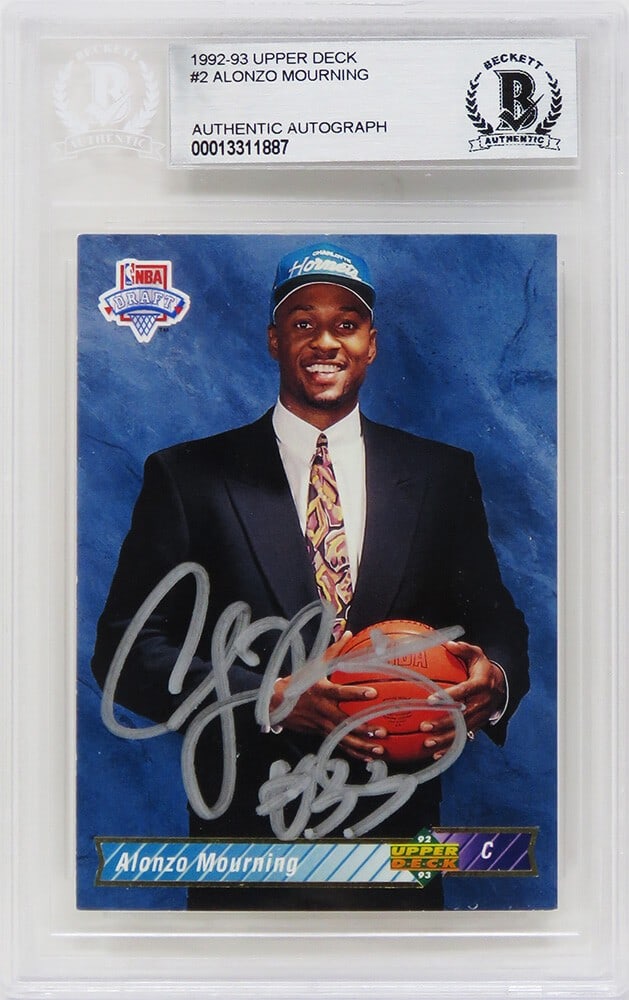Alonzo Mourning Autographed 1992-93 Upper Deck Rookie Card Beckett Authenticated: Alonzo Mourning Autographed 1992-93 Upper Deck Rookie Card Beckett Authenticated This is an original, autographed 1992-93 Upper Deck rookie card #2 of Alonzo Mourning, a celebrated player of the Charl